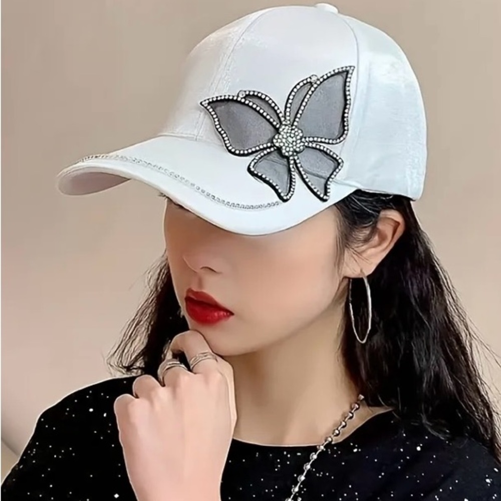 White Rhinestone & Butterfly Decor Baseball Cap - Picture 8 of 10